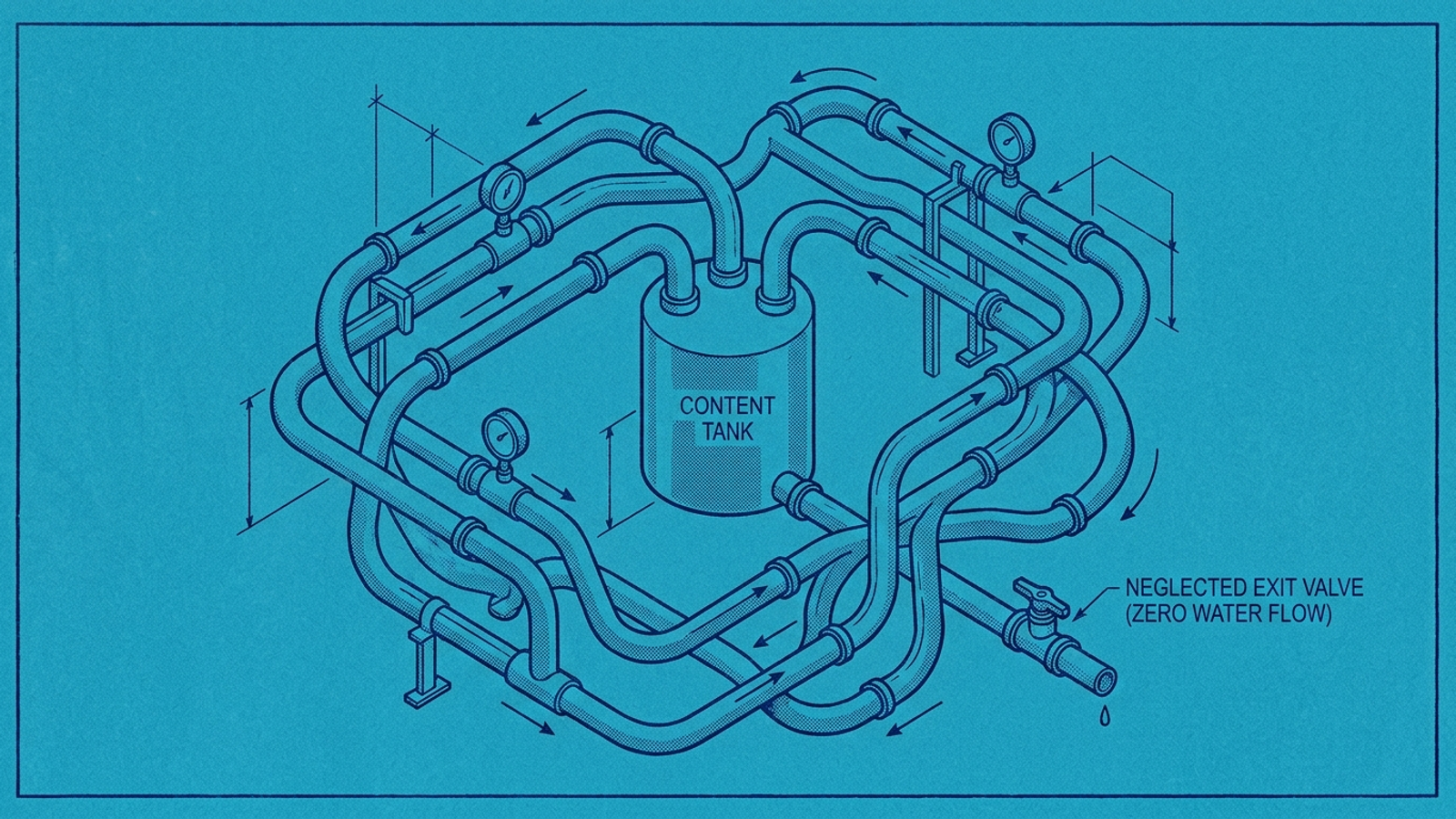 Five pipes from one reservoir looping into each other instead of reaching the exit faucet.